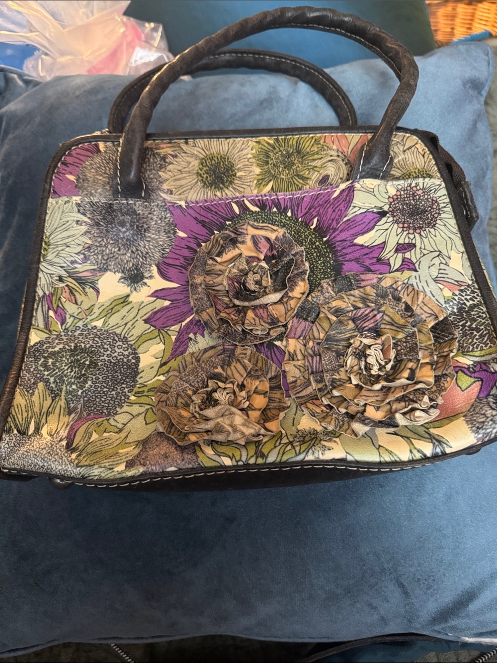 Patricia Nash Floral Appliqué Satchel in Purple, Green & Brown